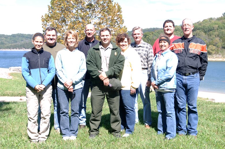 The volunteers from the U.S. Army Corps of Engineers Nashville District who participated in the Center Hill Lake National Public Lands Day clean up event Oct. 1, 2011 are (Left to Right) Amanda Burt, Mike Callahan, Linda Adcock, David Bishop, Park Ranger Gary Bruce, Lisa Maxwell, Jamie James, Barbara Carter, Rob Baulsir, and Jim Carter. (USACE photo by Leon Roberts)