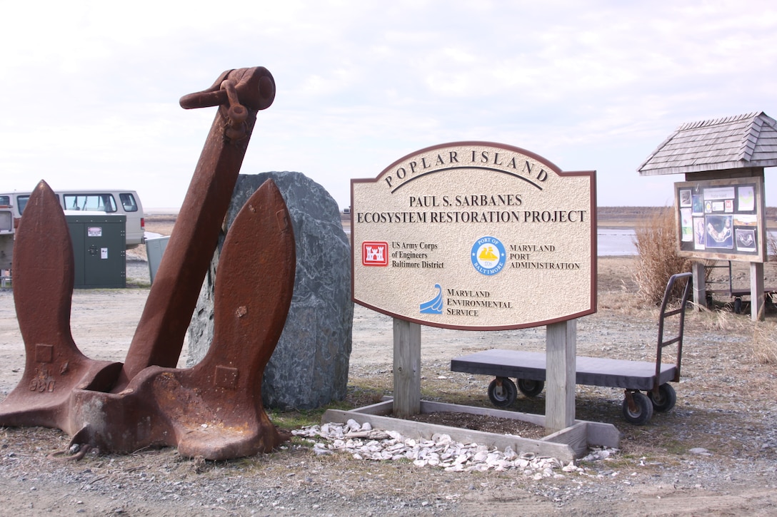 Welcome sign and anchor on Poplar Island.