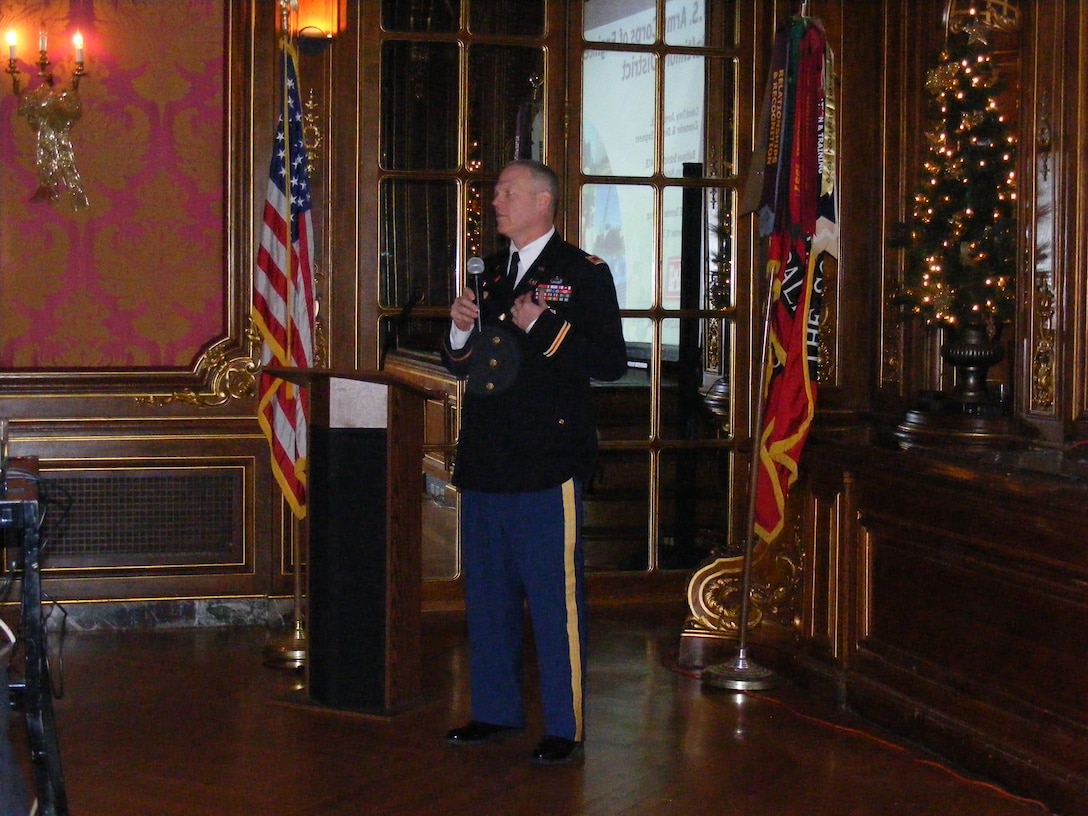 Col Trey Jordan, commander and District Engineer, briefs the Society of American Military Engineers audience at The Engineers Club in Baltimore on Dec. 19. 