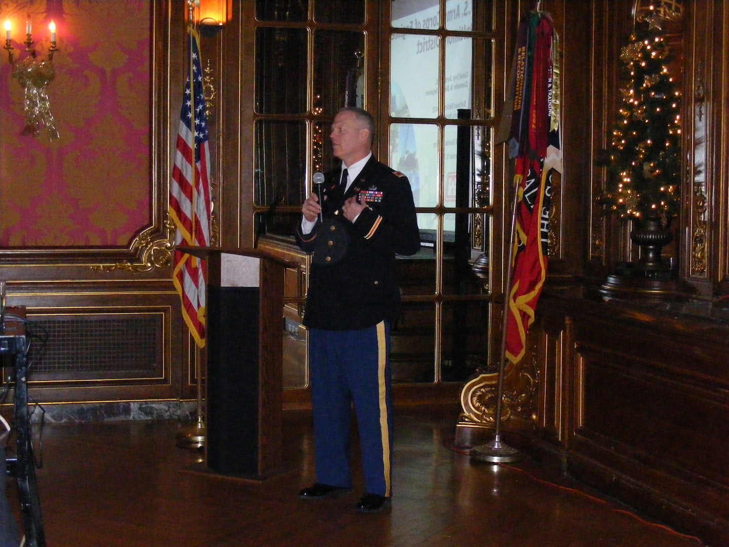Col Trey Jordan, commander and District Engineer, briefs the Society of American Military Engineers audience at The Engineers Club in Baltimore on Dec. 19. 