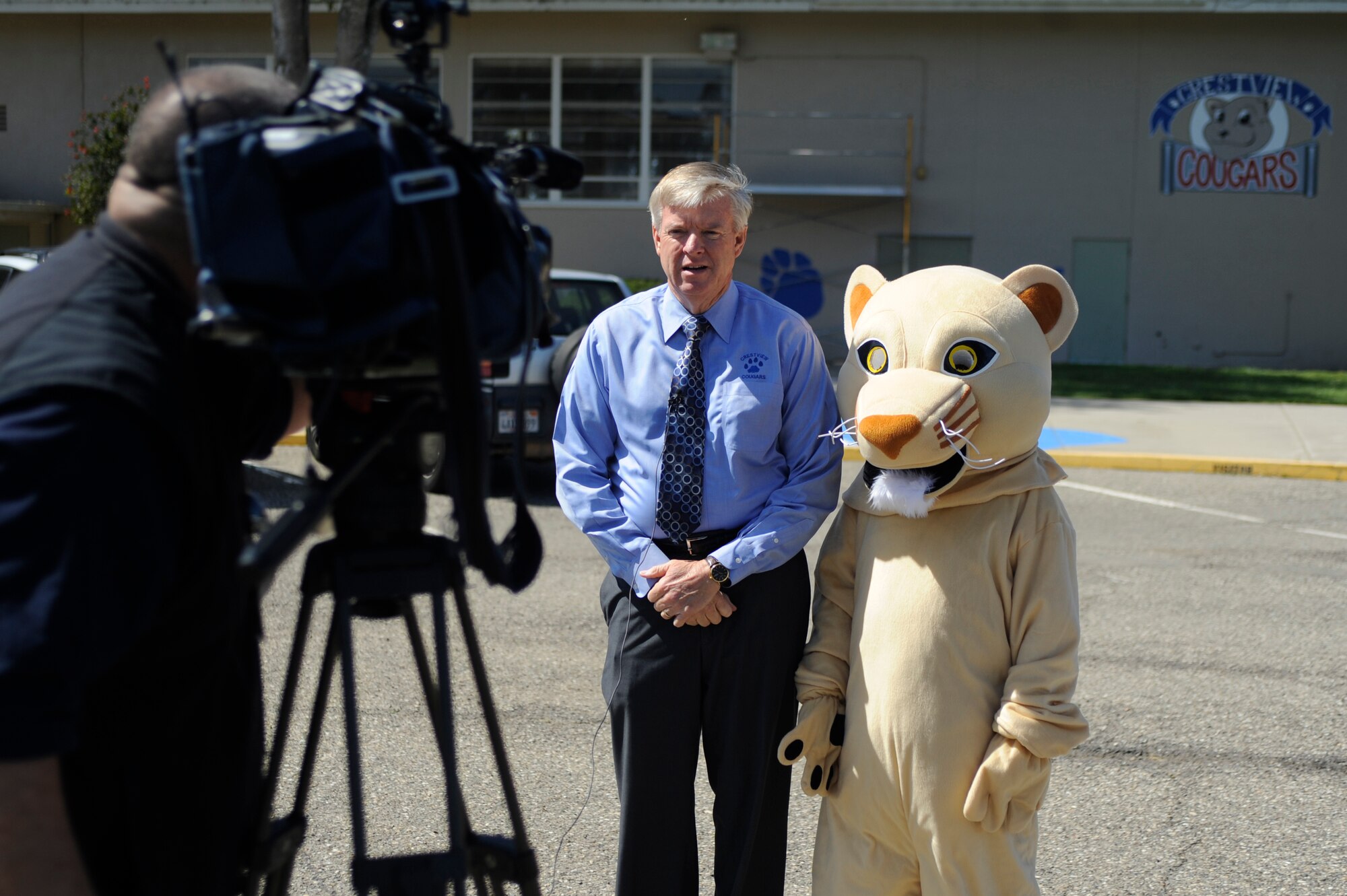 VANDENBERG AIR FORCE BASE, Calif. -- Dr. Ken Faulk, Crestview Elementary School principal, speaks about earning the California Distinguished School Award during an interview with a local news videographer at Crestview Elementary School here Wednesday, May 9, 2012. The school is one of seven elementary schools to earn this award in Santa Barbara County and will hold the award for four years. (U.S. Air Force photo/Staff Sgt. Andrew Satran) 