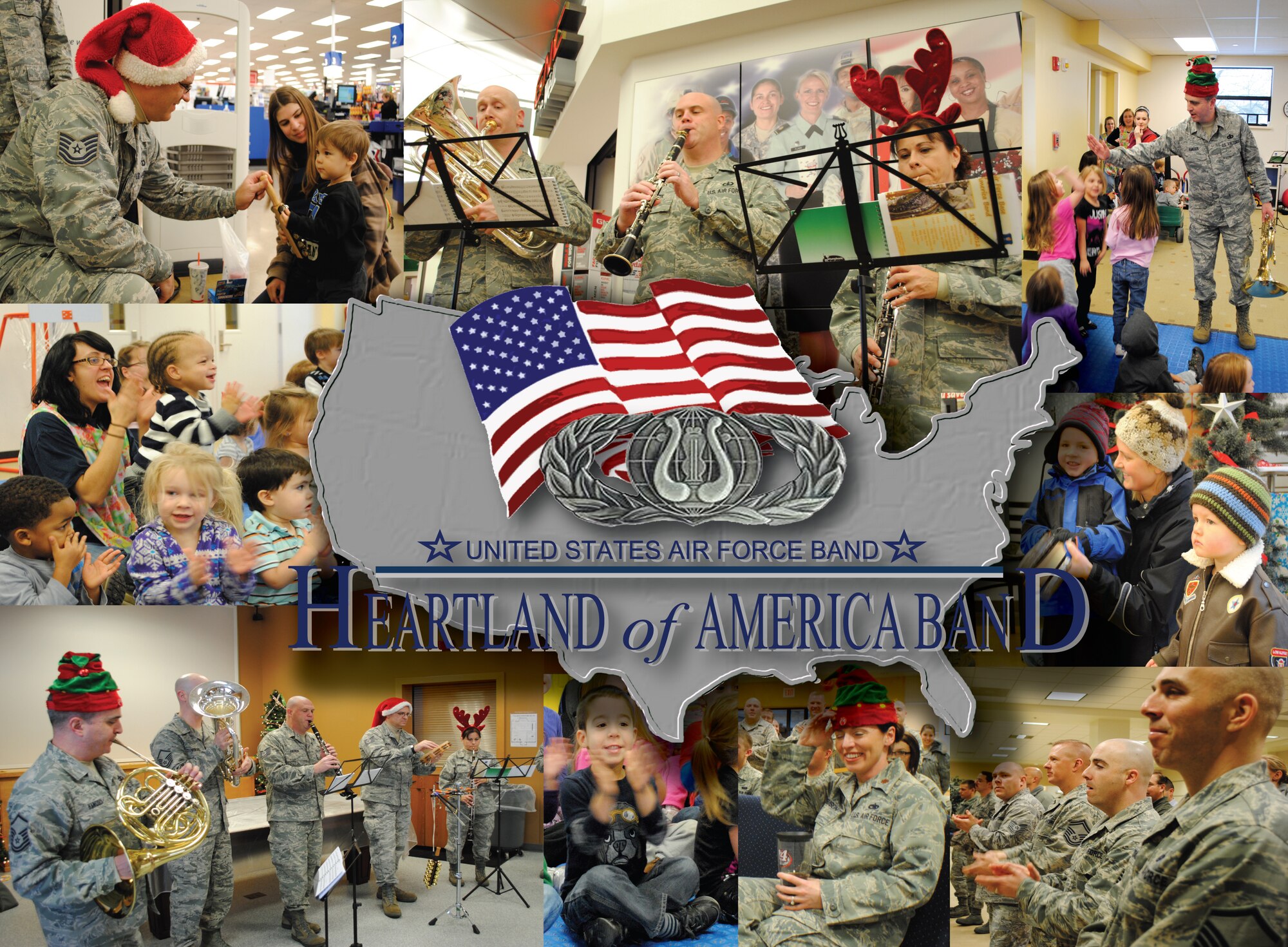The United States Air Force Heartland of America Band spread holiday cheer by performing at 22 locations around Grand Forks Air Force Base, N.D., Dec. 18 and 19, 2012. (U.S. Air Force photos and graphic/Senior Airman Luis Loza Gutierrez)