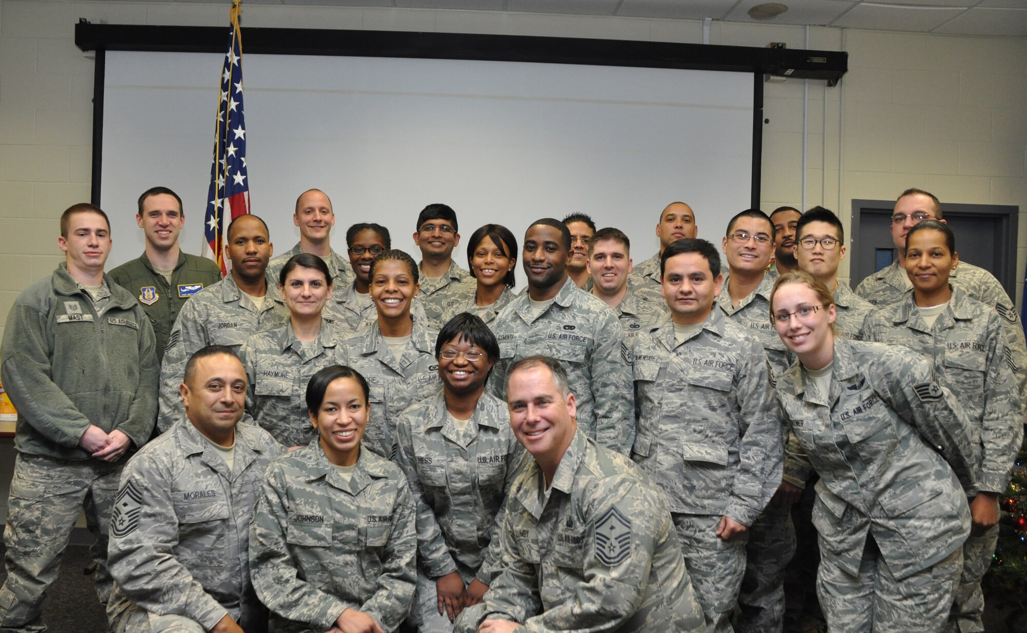Airmen from the 459th Air Refueling Wing at Joint Base Andrews, Md., pose for a group picture after graduating the Non-Commissioned Officer Leader Development Course, December 21, 2012. The two-week course focused on leadership techniques and NCO fundementals. (U.S. Air Force photo/ Senior Airman Katie Spencer)