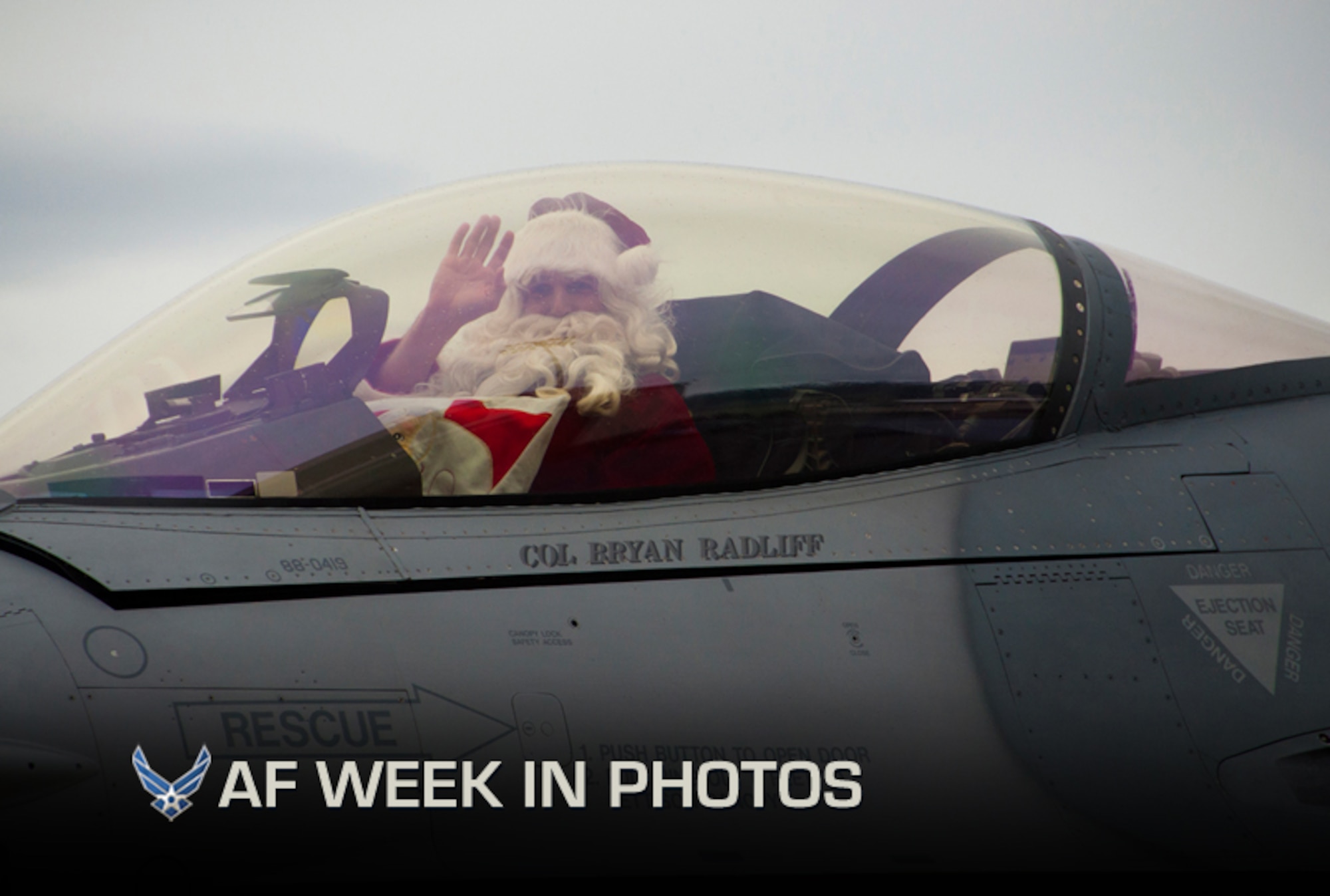 Santa, played by Col. Bryan Radliff, arrives in an F-16 Fighting Falcon to the 419th Fighter Wing Christmas party at Hill Air Force Base, Utah, Dec. 2, 2012. Radliff is the 419th FW commander. (U.S. Air Force photo/Senior Airman Crystal Charriere)