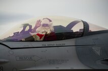 Santa, played by Col. Bryan Radliff, arrives in an F-16 Fighting Falcon to the 419th Fighter Wing Christmas party at Hill Air Force Base, Utah, Dec. 2, 2012. Radliff is the 419th FW commander. (U.S. Air Force photo/Senior Airman Crystal Charriere)