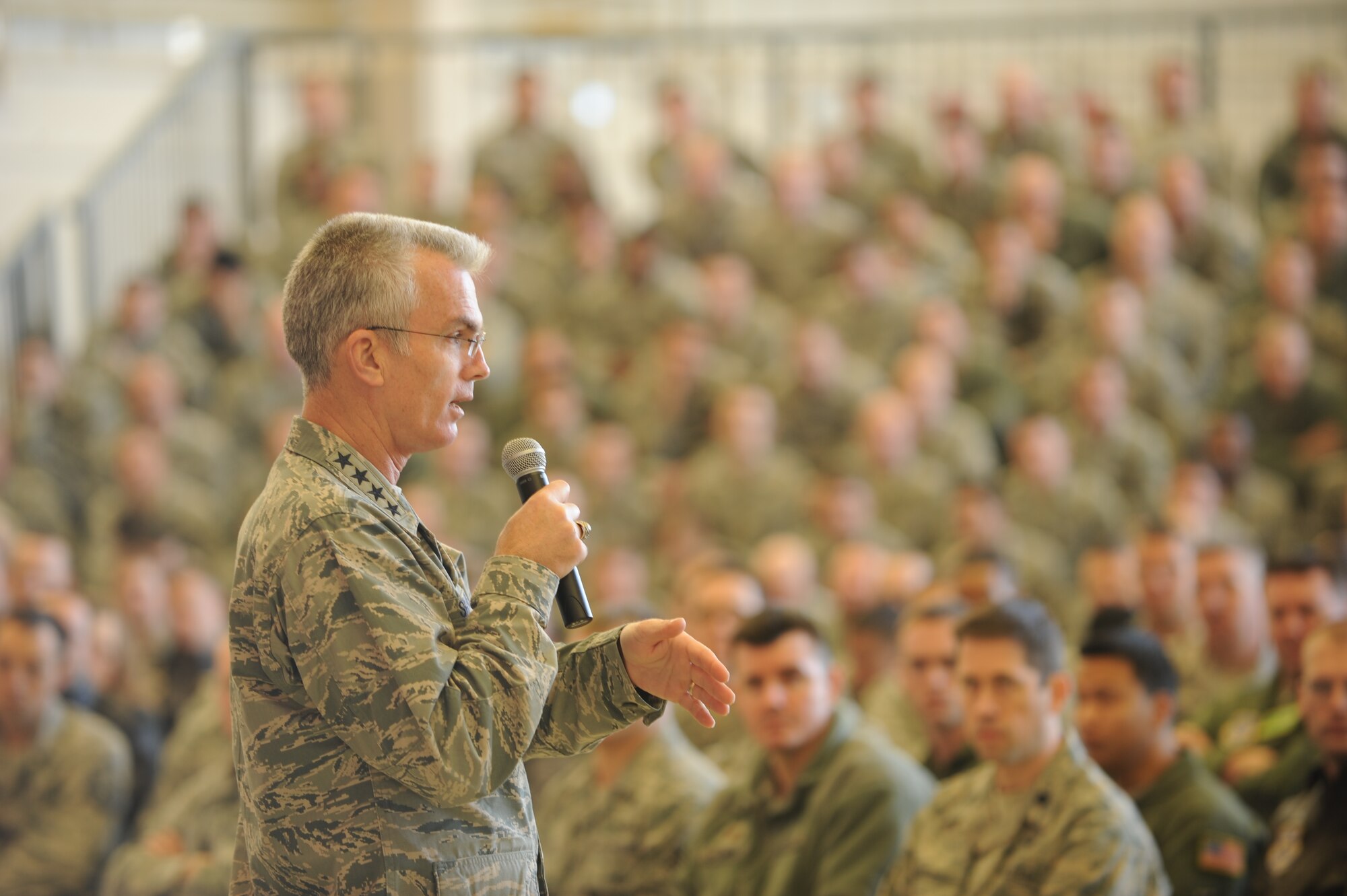 Gen. Paul J. Selva, Air Mobility Command commander, speaks with Airmen from the 19th Airlift Wing during an all call Dec. 17, 2012, at Little Rock Air Force Base, Ark. Selva addressed questions and issues from members of Team Little Rock during the commander’s call. (U.S. Air Force photo by Airman 1st Class Cliffton Dolezal)