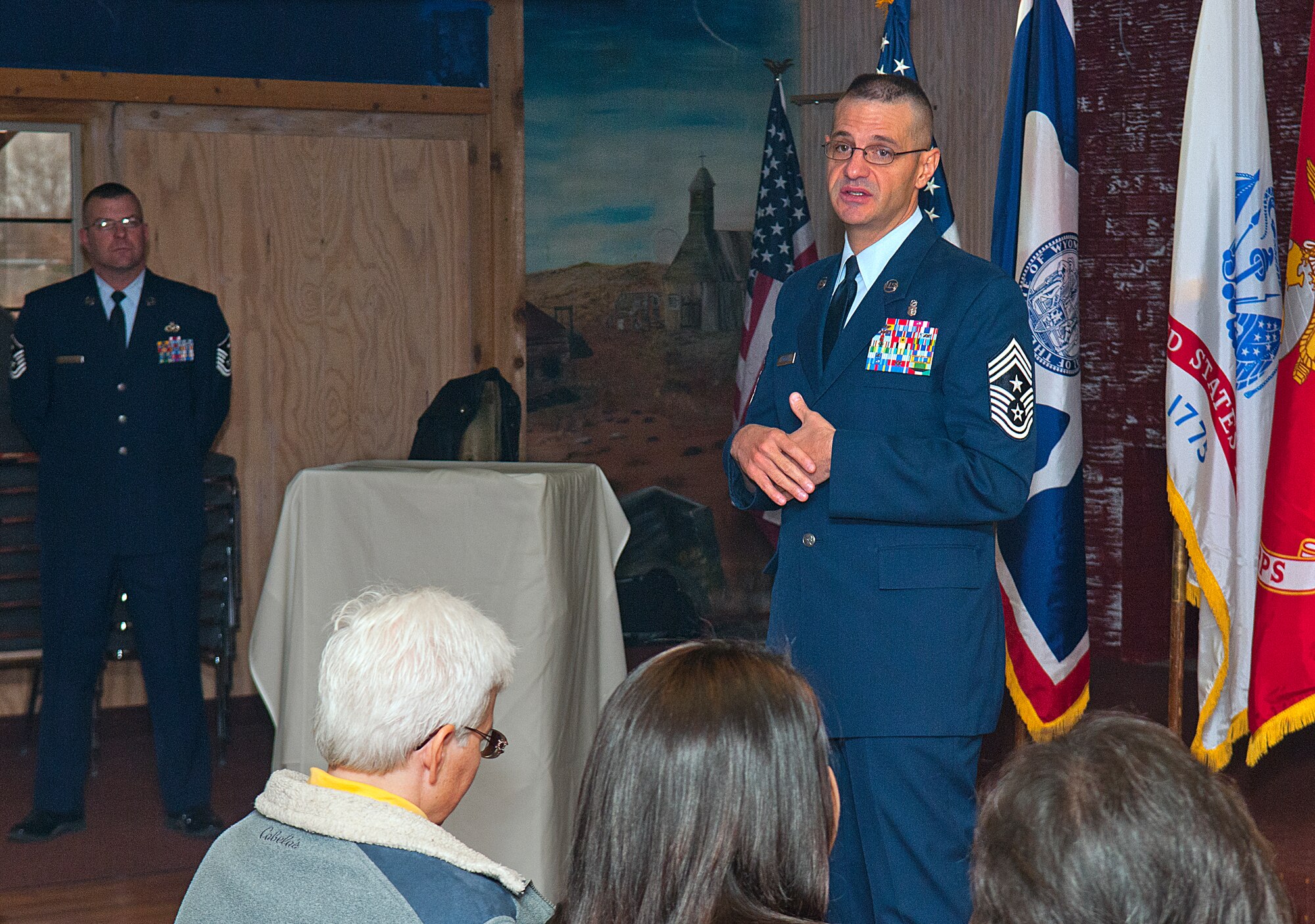 Chief Master Sgt. David Nordel, 20th Air Force command chief, speaks during a wreath-laying at AMVETS Post 10 in Cheyenne Dec. 15. The local event, sponsored by a local group of Patriot Guard Riders, was part of the National Wreaths Across America Remembrance Ceremony coordinated to occur across the country at the same time as remembrance of those who served and died in defense of their country. (U.S. Air Force photo by R.J. Oriez)