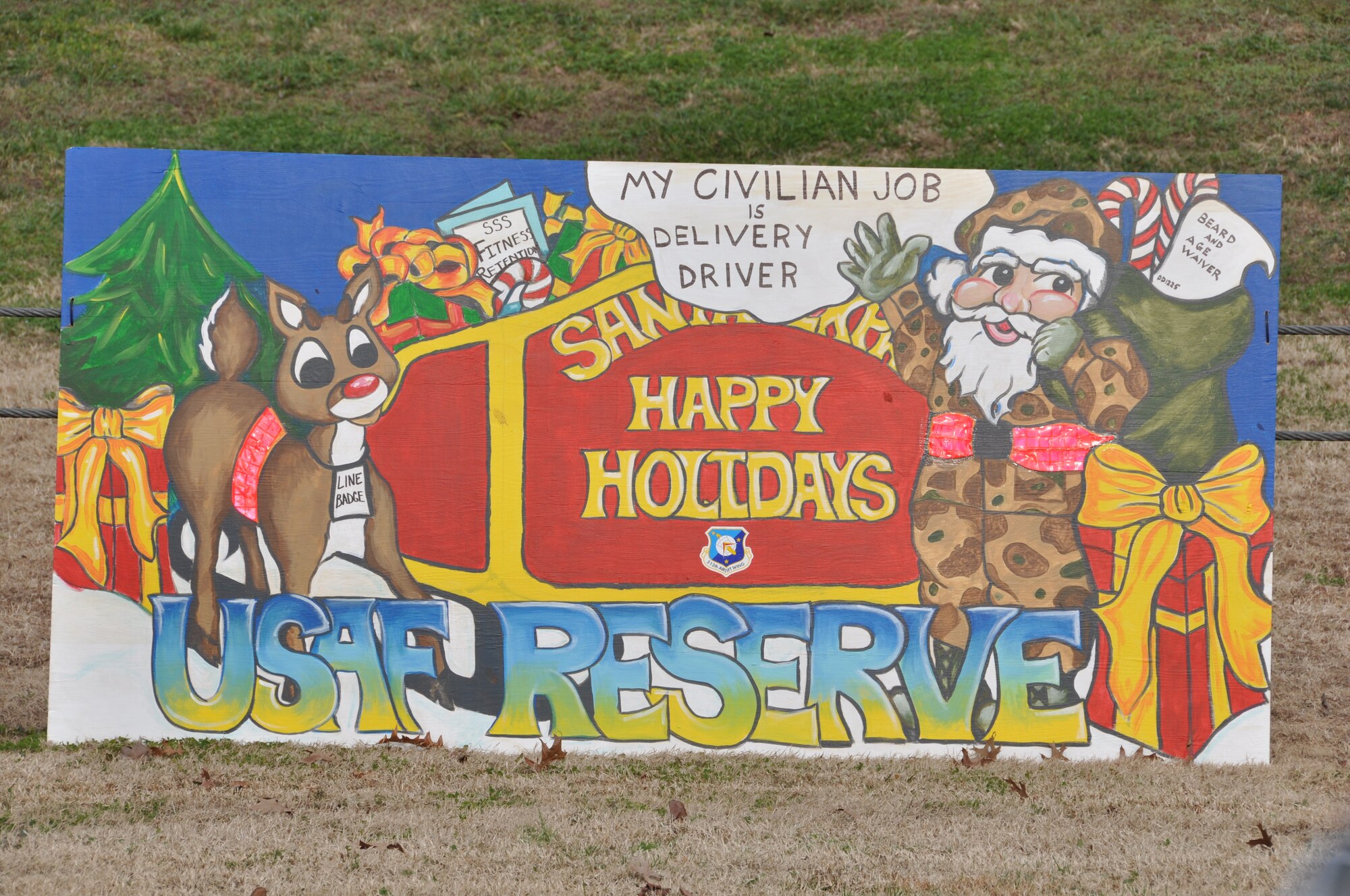 A holiday card created by members of the 512th Airlift Wing, Dover Air Force Base, Del., is on display on base Dec. 20, 2012. Eighteen cards competed for first, second and third place honors. (U.S. Air Force photo/Senior Airman Joe Yanik)