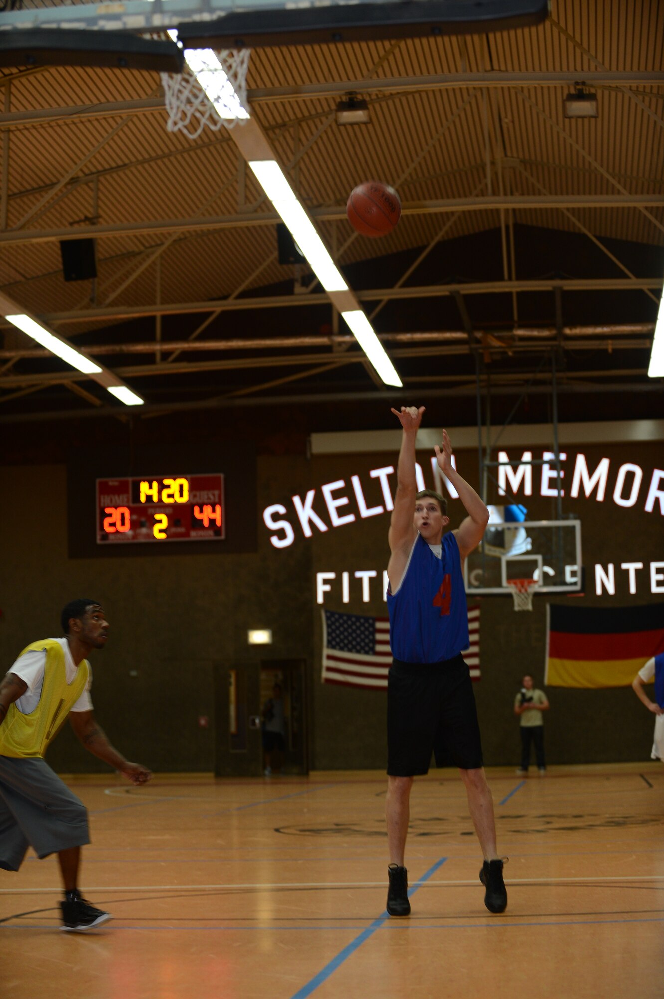 SPANGDAHLEM AIR BASE, Germany – Aaron Ptacek, 52nd Equipment Maintenance Squadron, shoots a basket during a basketball game inside the Skelton Memorial Fitness Center Dec. 19, 2012. Playoffs for intramural basketball will begin in February 2013. (U.S. Air Force photo by Airman 1st Class Gustavo Castillo/Released)