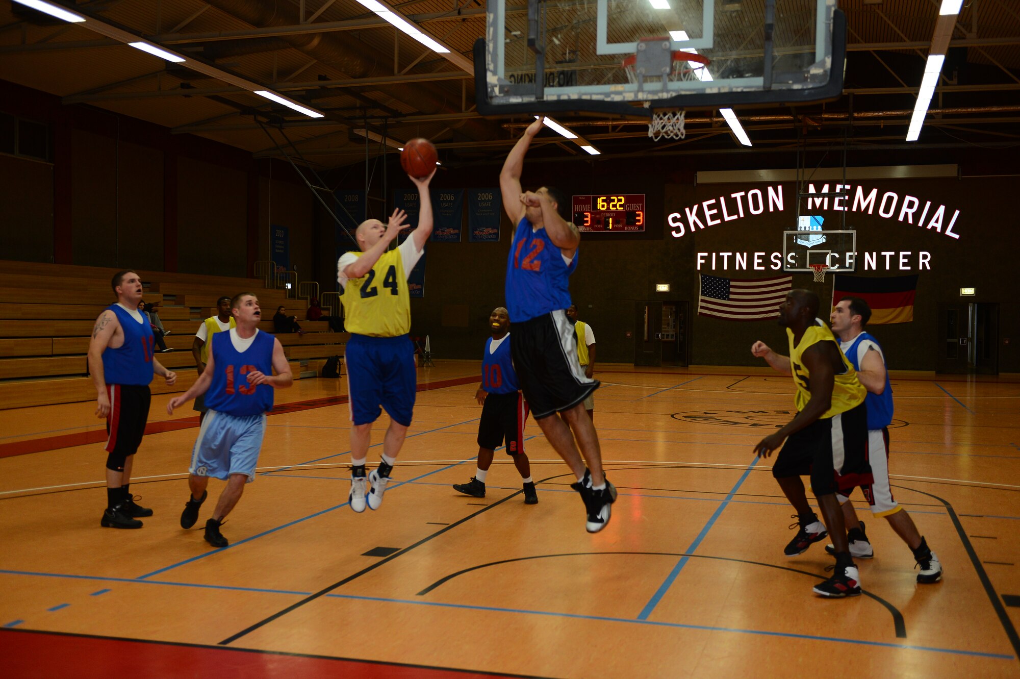 SPANGDAHLEM AIR BASE, Germany – Michael Baker, 52nd Force Support Squadron, takes a shot during a basketball game inside the Skelton Memorial Fitness Center Dec. 19, 2012. The 52nd FSS won the game with a total of 52 points. (U.S. Air Force photo by Airman 1st Class Dillon Davis/Released)

