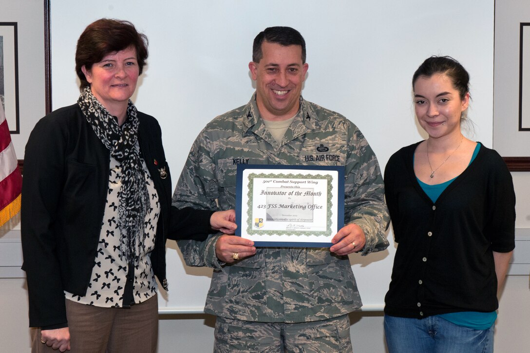 RAF ALCONBURY, United Kingdom – The 423rd Force Support Squadron Marketing Office was recently named the 501st Combat Support Wing Innovator of the Month for November. The 423rd FSS Marketing Team developed innovative approaches to improve the community outreach processes and morale. Their efforts to streamline office procedures, expand the 423rd FSS social media outlets (Facebook, 423rd FSS webpage, Twitter, etc) with important and relevant information, as well as their ability to provide interactive facetime with community members improved morale and strengthened the sense of community beyond expectations. Additionally, you can find them "on scene" at nearly every FSS event -- shaking hands, spreading the word, taking pictures and encouraging members to "SMILE" while emphasizing that the community building efforts are unfolding as their achievements and adventures are posted on Facebook for all to see. This increases enthusiasm for the events, services and products the 423rd FSS provides in addition to drawing the community closer together. (U.S. Air Force photo by Staff Sgt. Brian Stives)