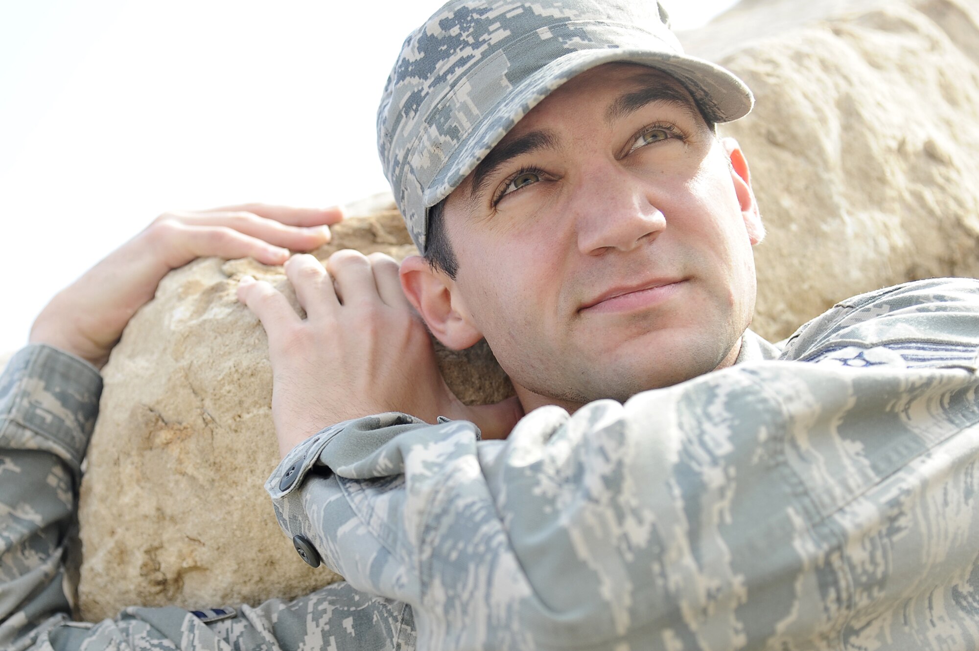 Senior Airman Charles J. Giertz, 387th Expeditionary Support Squadron, sharpens his character as a Force Protection Escort at an undisclosed deployed location in Southwest Asia on Dec. 21, 2012.  Giertz was awarded this weeks “Rock Solid Warrior” designation by the 386 Air Expeditionary Wing.  (U.S. Air Force photo by Staff Sgt. Austin Knox)
