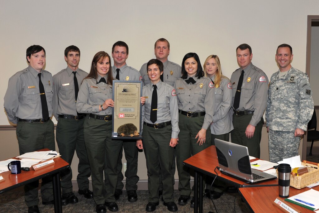 Old Hickory park rangers accept the Nashville District's Hedgehog Award in recognition of excellence during a presentation by Lt. Col. James A. DeLapp,  U.S. Army Corps of Engineers Nashville District commander, at the headquarters in Nashville, Tenn., Jan. 10, 2012. (USACE photo by Richard Scott)