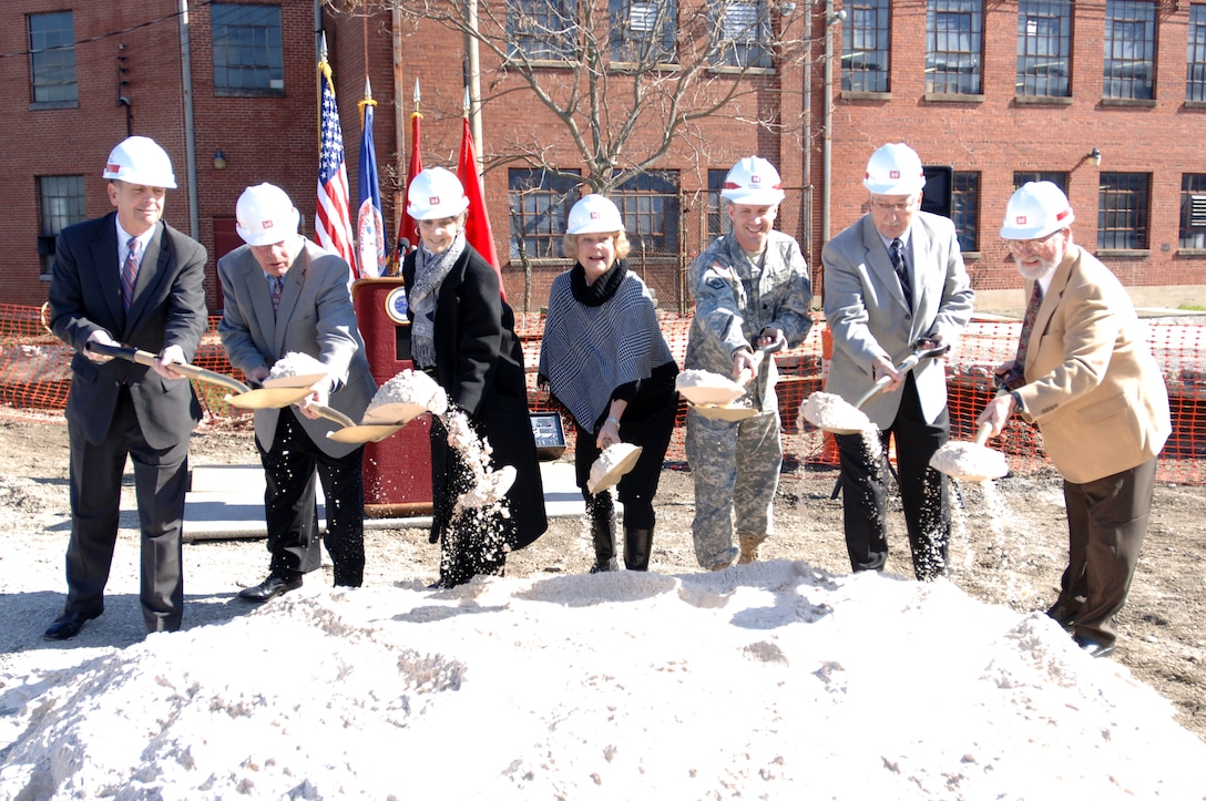 (Left to Right) Bristol, Tenn., City Manager Jeff Broughton; John Gillenwater, project organizer; Jery Goodpasture, project organizer; Anne Gillenwater, project organizer; Lt. Col. James A. DeLapp, U.S. Army Corps of Engineers Nashville District commander; Bristol, Va., Mayor Edward K. Harlow; and Bristol, Tenn., Mayor David Shumaker officiall break ground on the Beaver Creek Flood Risk Reduction Project Feb. 7, 2012 on the project site Feb. 7, 2012.  (USACE photo by Leon Roberts)