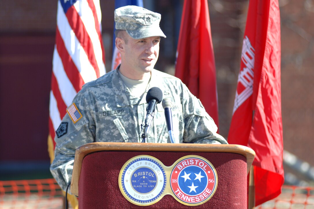 Lt. Col. James A. DeLapp, U.S. Army Corps of Engineers Nashville District commander, addresses guests during the Beaver Creek Flood Reduction Project Groundbreaking Ceremony at 719 Shelby Street in Bristol, Tenn., Feb. 7, 2012.  (USACE photo by Leon Roberts)