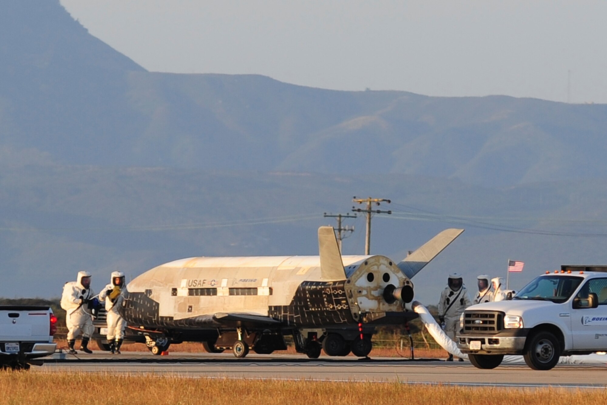 The X-37B Orbital Test Vehicle (OTV), the Air Force's unmanned, reusable space plane, landed at Vandenberg Air Force Base at 5:48 a.m. (PDT) June 16. OTV-2, which launched from Cape Canaveral Air Force Station, Fla., March 5, 2011, conducted on-orbit experiments for 469 days during its mission. The X-37B is the newest and most advanced re-entry spacecraft. Managed by the Air Force Rapid Capabilities Office, the X-37B program performs risk reduction, experimentation and concept of operations development for reusable space vehicle technologies. (photo credit: Boeing)
