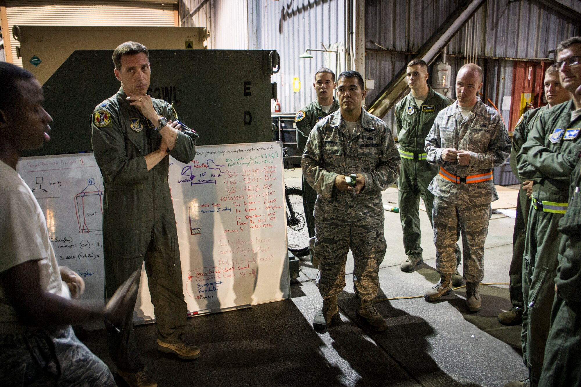 ANDERSEN AIR FORCE BASE, Guam -- Loadmasters, riggers and leadership from Yokota Air Base, Japan, discuss how to reinforce bundles for air drop at Andersen Air Force Base, Guam, Dec. 11, 2012. Due to almost twice as many donations for Operation Christmas Drop, the bundles had to hold twice as much weight. After adjustments, the rigging had a 100 percent success rate, a feat never before accomplished during a Christmas Drop. (U.S. Air Force photo by Tech. Sgt. Samuel Morse)
