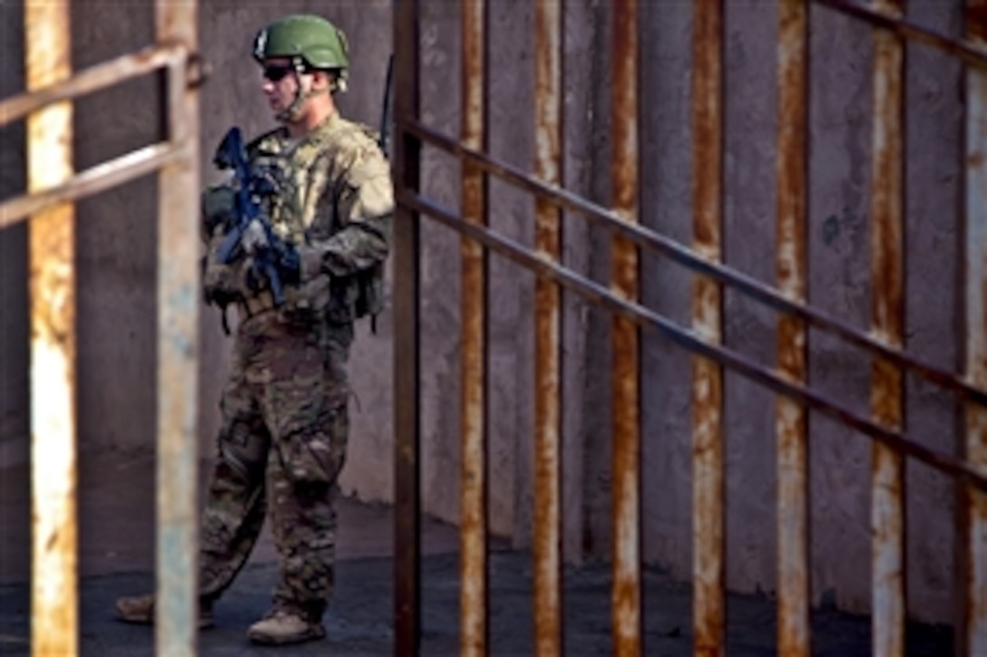 A coalition force member maintains security during a presence patrol in Afghanistan's Farah province, Dec. 16, 2012. Coalition forces train and mentor Afghan national forces in their area.