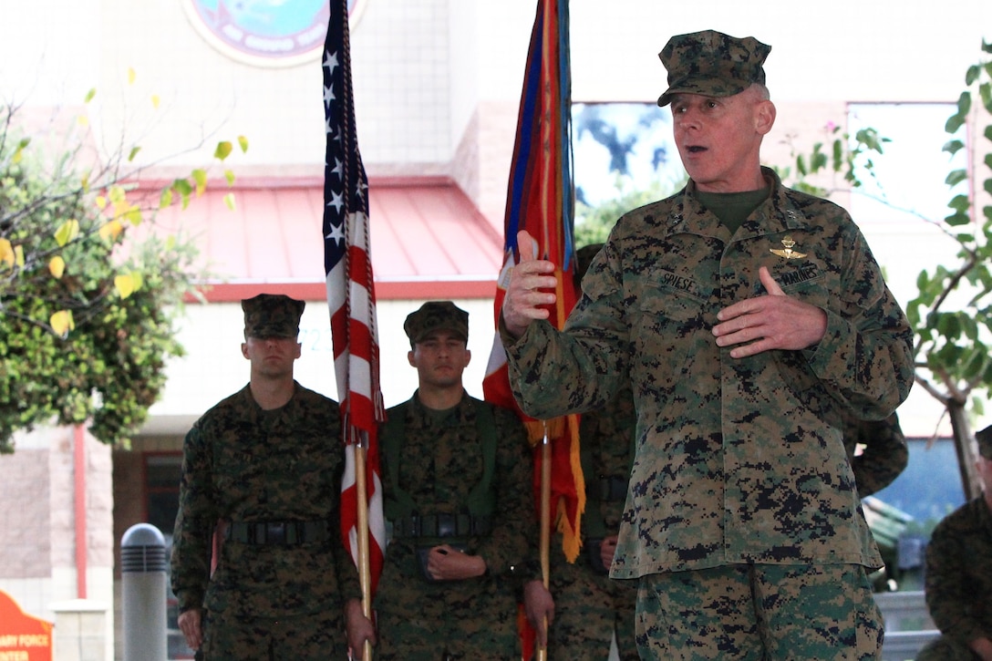 Maj. Gen. Melvin G. Spiese, outgoing commanding general of 1st Marine Expeditionary Brigade, addresses Marines during a change-of-command ceremony at Camp Pendleton, Dec. 13. During the ceremony, Spiese passed the unit’s colors to Brig. Gen. John J. Broadmeadow, incoming commander of 1st MEB, symbolizing the transfer of responsibility, authority and accountability of command from one officer to another. The 1st MEB, which was reactivated October 2009, is a task-organized crisis response force of I Marine Expeditionary Force trained to respond expeditiously to conduct self-sustained combat and humanitarian operations.