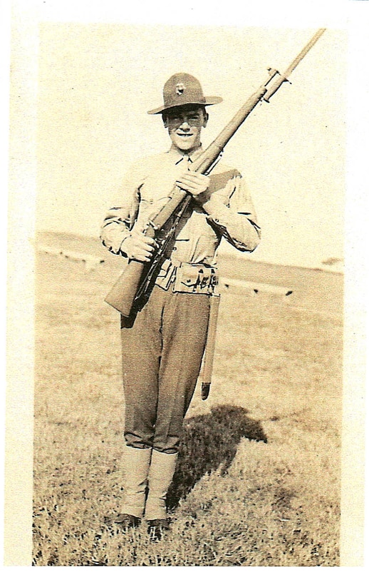 Frank Baron Jr. stands at port-arms circa 1933. Baron served as an active duty Marine from 1933 to 1937. Photo provided by Teri Juybari, Baron's granddaughter.