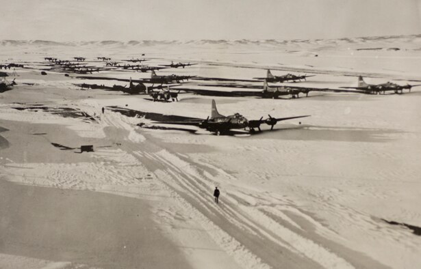 B-17s park in the snow on Rapid City Army Air Field, S.D.   Winter weather has posed a challenge for aircrews and maintainers at the base, later renamed Ellsworth Air Force Base, since it first opened Jan. 2, 1942. (Official U.S. Air Force courtesy photo/Released)
