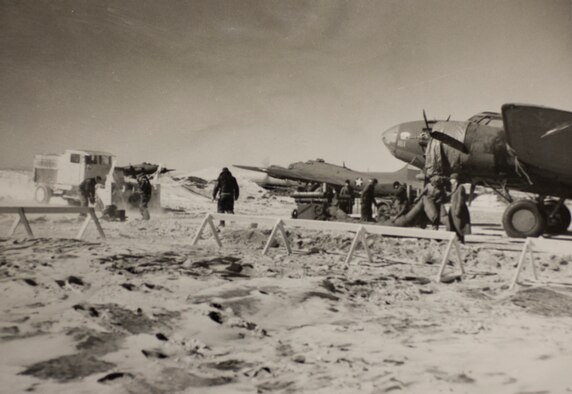 Crews of workers clear snow for parked B-17s on Rapid City Army Air Field, S.D., during World War II.  Winter weather has posed a challenge for aircrews and maintainers at the base, later renamed Ellsworth Air Force Base, since it first opened Jan. 2, 1942. (Official U.S. Air Force courtesy photo/Released)
