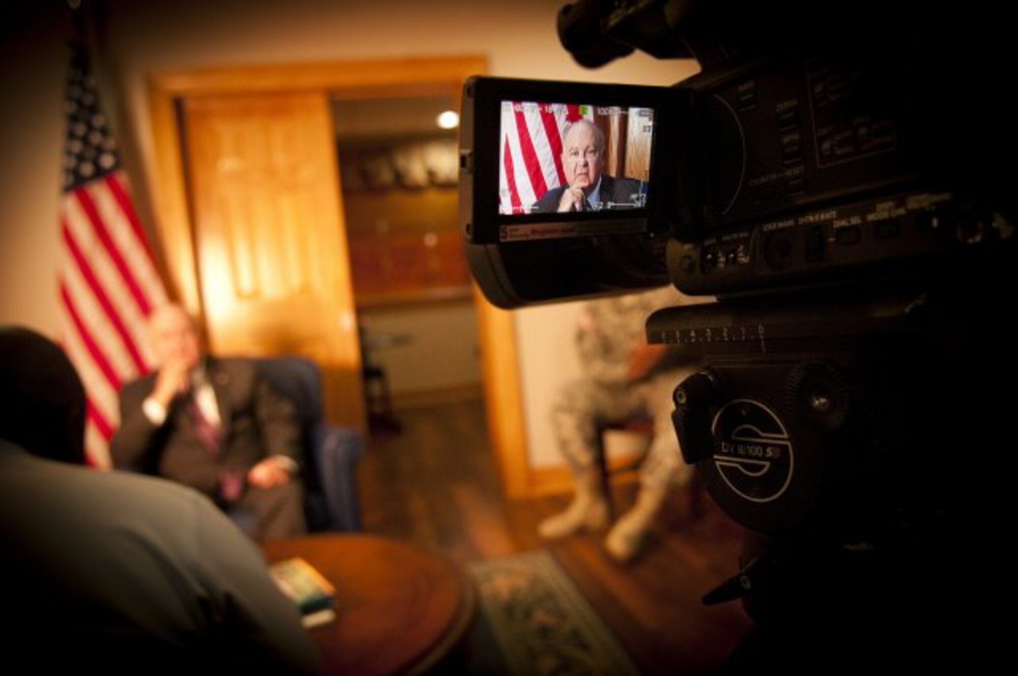Under Secretary of the Army Joseph W. Westphal sits down for an interview with Reginald Roggers, Assistant Editor of the Paraglide, about the state of the Army, Dec. 4, Fort Bragg, N.C. (U.S. Army courtesy photo/Released)