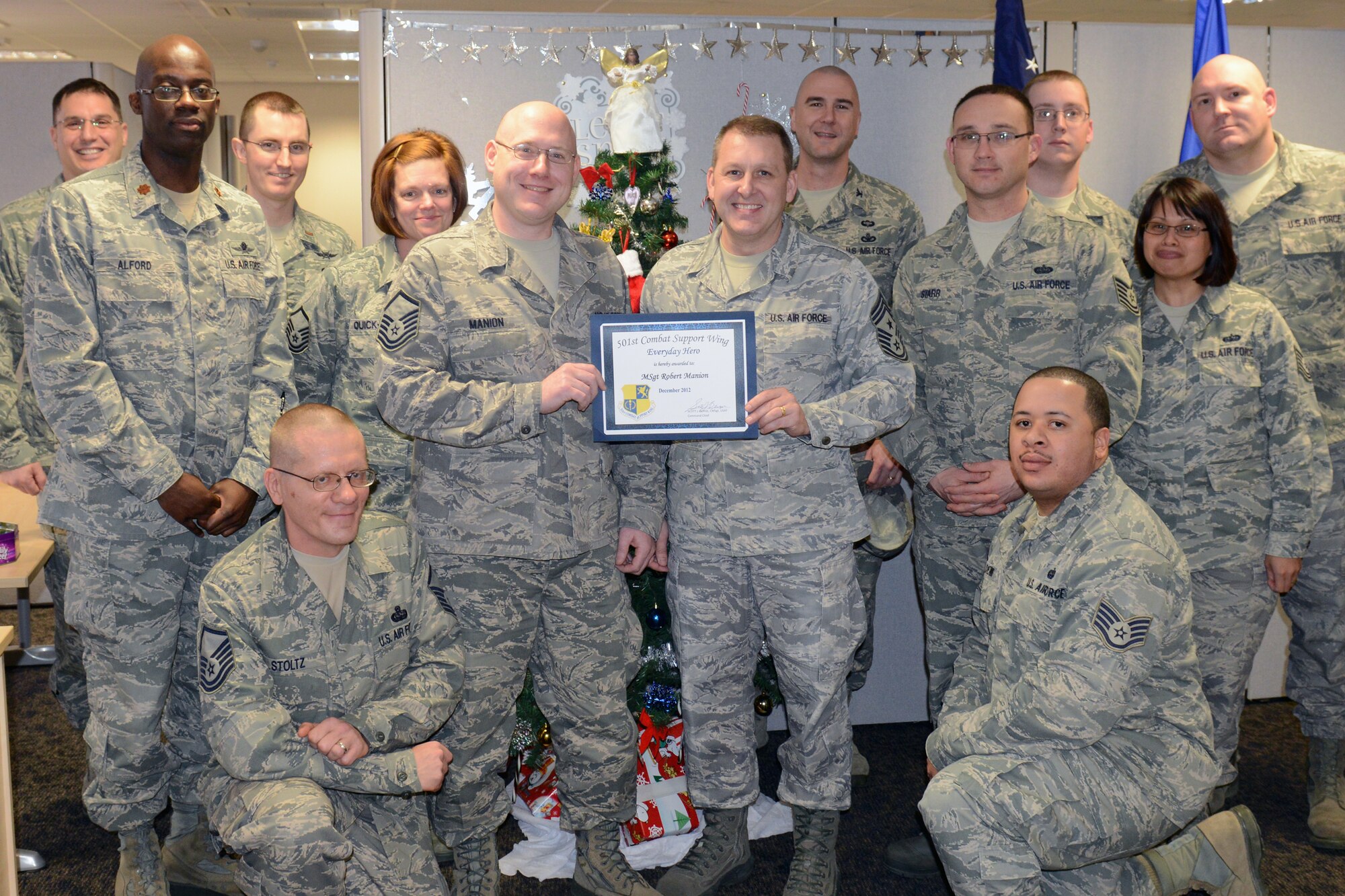 RAF MOLESWORTH, United Kingdom--Master Sgt. Robert Manion, 423rd Communications Squadron, NCOIC Network Integration office, was named December’s 501st CSW Everyday Hero from the 423rd Air Base Group.  Manion serves as the 423rd ABG telecommunications liaison to the 23-nation NATO Intelligence Fusion Centre. He provides maintenance oversight for a $6.5 million computer network that provides voice and data services to the 501st CSW Staff and the 423rd ABG. He recently led a 4-person maintenance team in response to the catastrophic failure of telephone switching equipment on RAF Alconbury. His team restored and programmed more than 90 phones and ran new lines. His efforts not only restored services to 100 customers but also brought RAF Alconbury into compliance with USAFE’s telephone network solution and saved the Wing $12,800 a year in contracted maintenance fees.  (U.S. Air Force photo by Tech. Sgt. Chrissy Best)