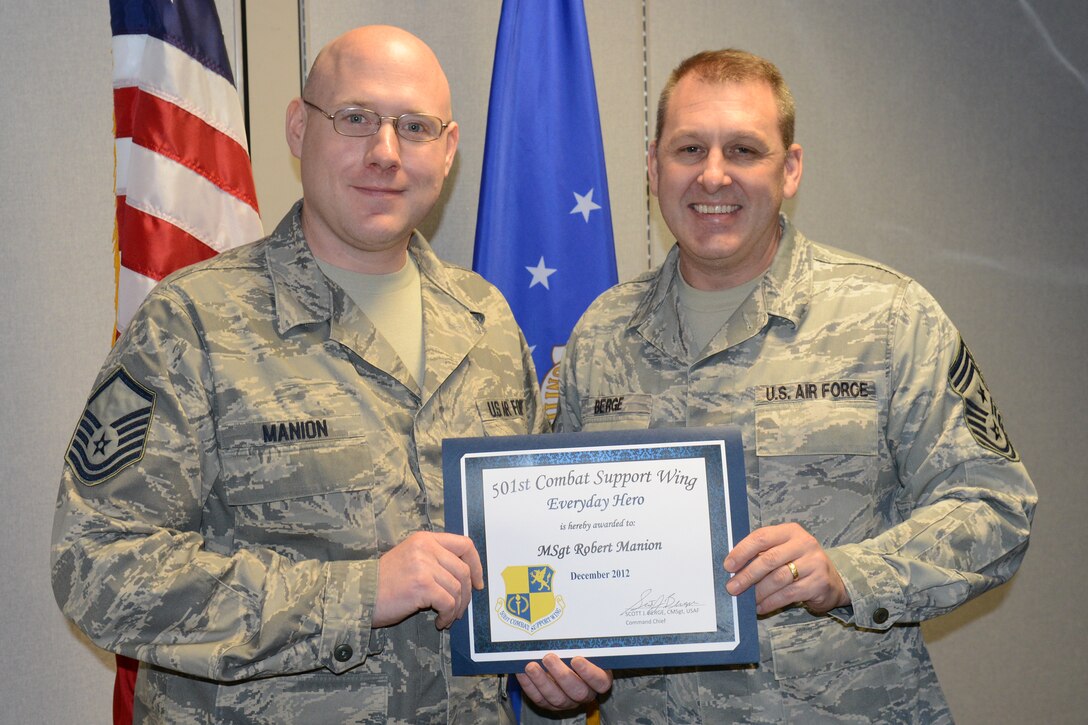 RAF MOLESWORTH, United Kingdom--Master Sgt. Robert Manion, 423rd Communications Squadron, NCOIC Network Integration office, was named December’s 501st CSW Everyday Hero from the 423rd Air Base Group.  Manion serves as the 423rd ABG telecommunications liaison to the 23-nation NATO Intelligence Fusion Centre. He provides maintenance oversight for a $6.5 million computer network that provides voice and data services to the 501st CSW Staff and the 423rd ABG. He recently led a 4-person maintenance team in response to the catastrophic failure of telephone switching equipment on RAF Alconbury. His team restored and programmed more than 90 phones and ran new lines. His efforts not only restored services to 100 customers but also brought RAF Alconbury into compliance with USAFE’s telephone network solution and saved the Wing $12,800 a year in contracted maintenance fees.  (U.S. Air Force photo by Tech. Sgt. Chrissy Best)