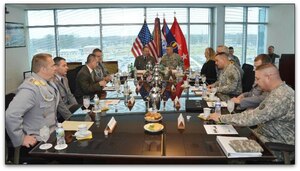 Lt. Gen. Bruno Kasdorf, chief of staff for the German army meets with Lt. Gen. David Halverson, Deputy Commanding General of U.S. Army Training and Doctrine Command, and senior leaders at TRADOC headquarters Dec. 7, 2012 at Fort Eustis, Va. The event marks Kasdorf's initial visit to TRADOC as a means to gain a broader understanding of the role of TRADOC and its missions across the Army and to reaffirm the value of the mutual relationships shared between the two countries armies. (U.S. Army courtesy photo/Released) 