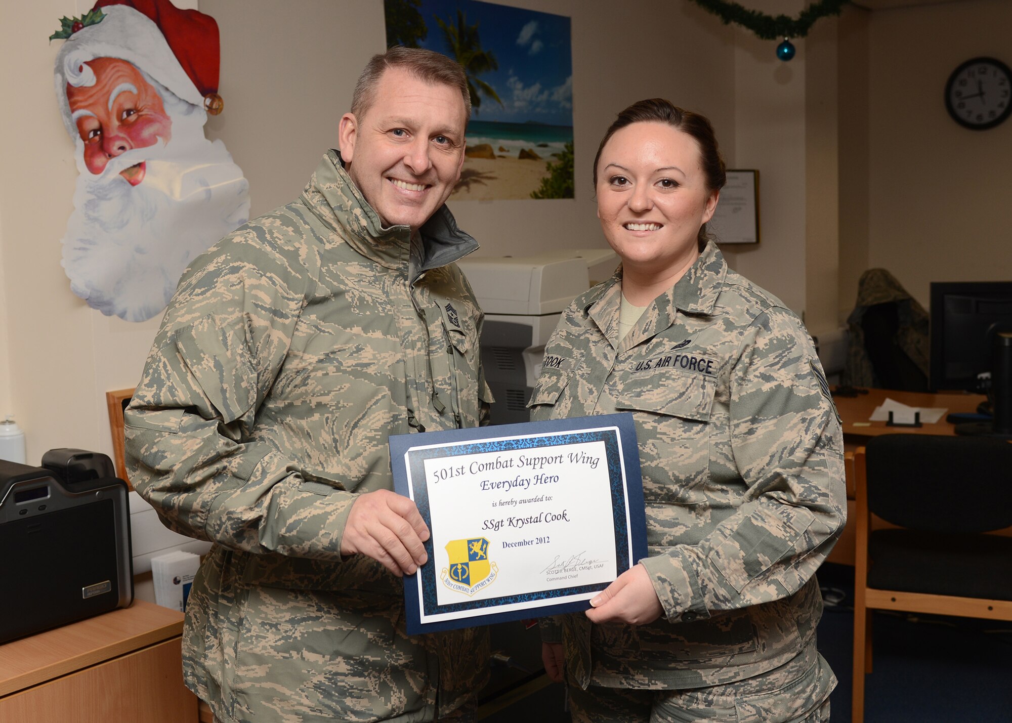 RAF MENWITH HILL, United Kingdom -- Staff Sgt. Krystal Cook, 421st Air Base Squadron, was named the December 501st Combat Support Wing Everyday Hero from the 421st Air Base Group. Cook, the NCOIC of Customer Service, served 250 customers with CAC/ID card issues, visa/passport requests, council tax and ration card support requests. She has been the sole focal point in customer service, handling several challenging situations. Cook also put together the Thanksgiving luncheon for the 421st ABG, serving 150 U.S. and British partners a traditional American meal. (U.S. Air Force photo by Staff Sgt. Deborah Lockhart)
