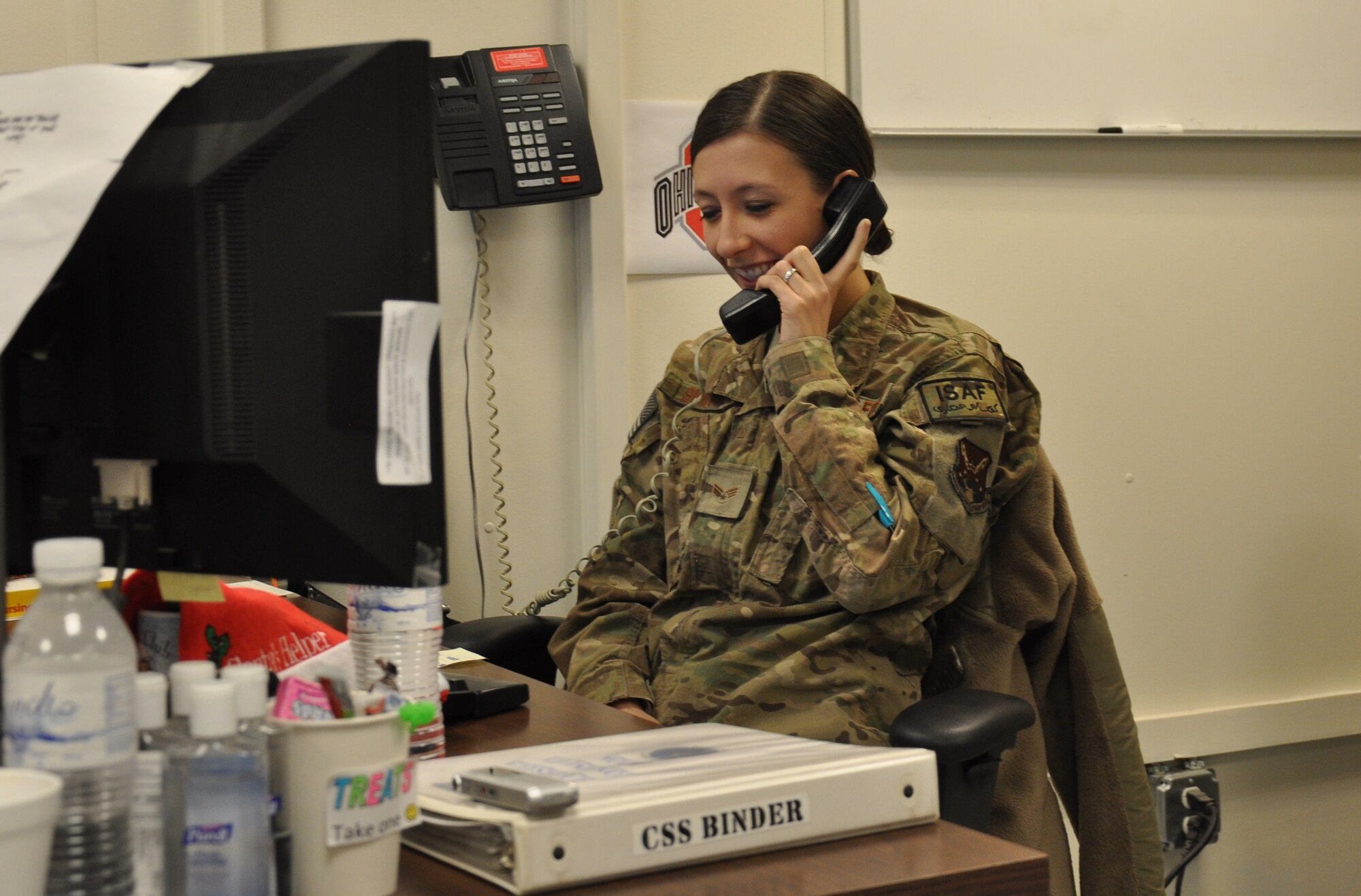 Senior Airman Keshia Shutts with the 451st Expeditionary Logistics Readiness Squadron at Kandahar Airfield received a Christmas morning phone call from President Barack Obama. The Commander-in-Chief called Shutts to wish her a Merry Christmas and thank her for her service. They talked about her 3-year-old daughter and her upcoming wedding. (U.S. Air Force photo/Capt. Tristan Hinderliter) 