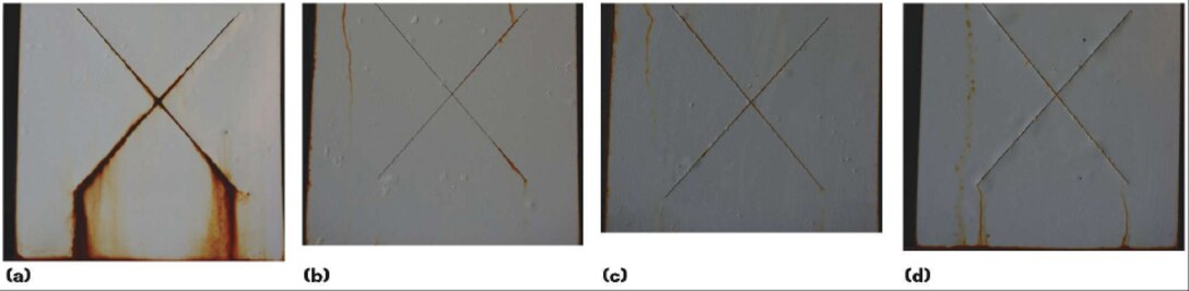 (a) A coupon representing a typical three-coat zinc-rich coating system with a 4.3-mil (109-µm) thick zinc-rich primer, 5.0-mil (127-µm) thick epoxy intermediate coat, and 4.1-mil (104-µm) thick polyurethane topcoat vs. coupons with a zinc primer nanocoating two-coat system after 5,000 h of exposure in a ASTM B1171 salt spray (fog) test: (b) 4.0-mil (102-µm) thick zinc primer and 4.5-mil (114-µm) thick polyaspartic topcoat; (c) 4.0-mil thick zinc primer and 5.8-mil (147-µm) thick polyaspartic topcoat; and (d) 6.4-mil (163-µm) thick zinc primer and 4.6-mil (117-µm) thick polyaspartic topcoat. Images courtesy of Tesla Nanocoating.
