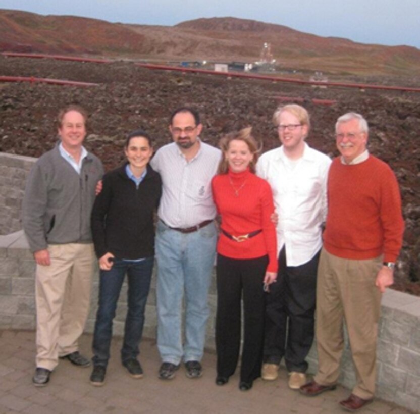 From left to right are Michael Case, ERDC Construction Engineering Research Laboratory; Kelsie Baker, Dr. Igor Linkov, Dr. Beth Fleming, and Zachary Collier, ERDC Environmental Laboratory; and Dr. Russell Harmon, ERDC International Research Office, at the Sustainable Cities and Military Installations workshop in Hella, Iceland. 