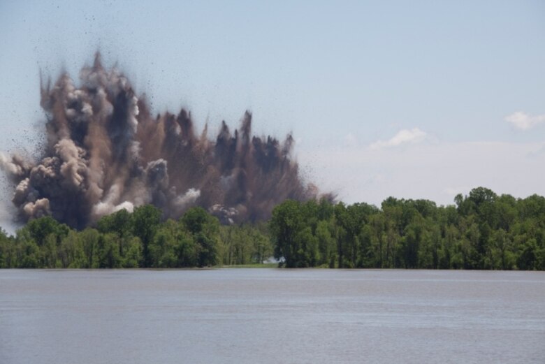 A blast goes off during activation of the Birds Point – New Madrid Floodway. (Photo by Oscar Reihsmann, ACE-IT) 