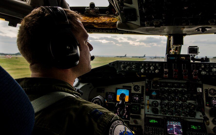 U.S. Air Force Capt. Andrew Lawerence, 909th Air Refueling Squadron pilot, taxis a KC-135 Stratotanker in preparation for a training sortie on Kadena Air Base, Japan, Dec. 27, 2012. 909th ARS provides combat ready KC-135 tanker aircrews to support peacetime operations in all levels of conflict in the Pacific theater. (U.S. Air Force photo/Airman 1st Class Tyler Prince)