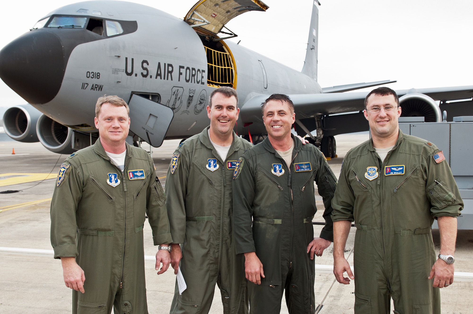 BIRMINGHAM, Ala. – Lt. Col. Darin Owens stands with other 117th Air Refueling Wing pilots after his fini-flight on December 8, 2012. (U.S. Air Force photo by Master Sgt. David Maxwell)