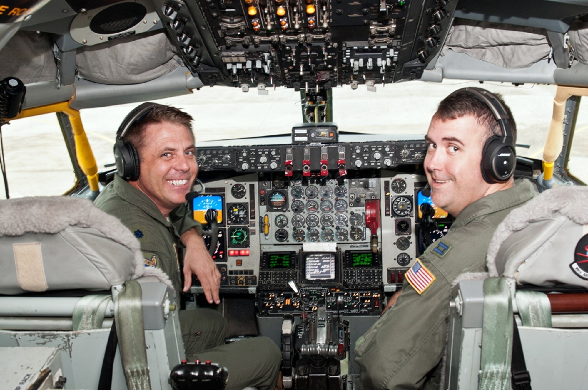BIRMINGHAM, Ala. – Lt. Col. Darin Owens does a pre-flight inspection in the KC-135R cockpit before his fini-flight here on December 8, 2012. A fini-flight is the last flight of a pilot's career in the United States Air Force. (U.S. Air Force photo by Master Sgt. David Maxwell)