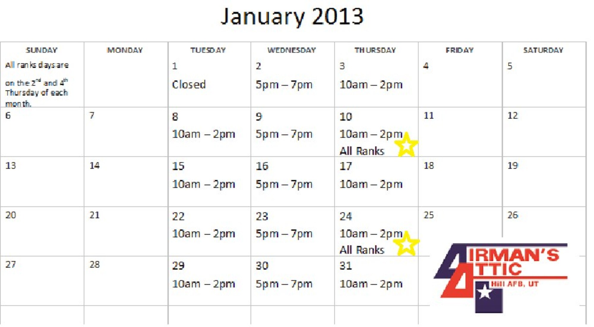 Airman's Attic Hours of operation for January 2013 > Hill Air Force