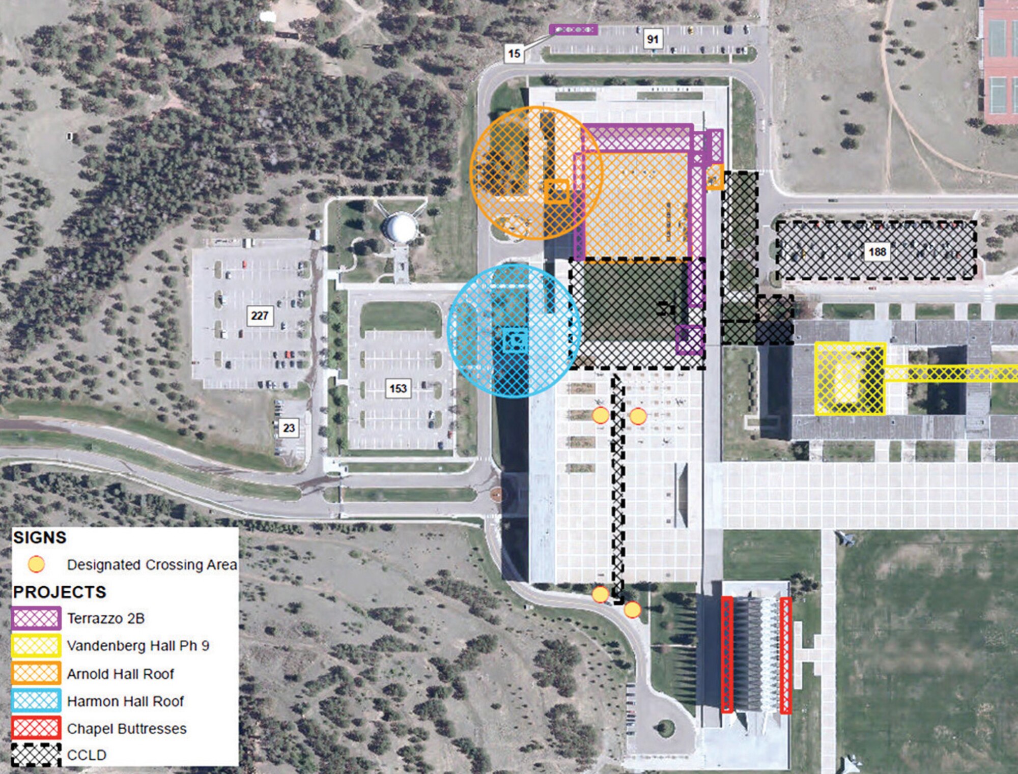 Construction projects going on at the Air Force Academy through 2014 will affect traffic flow as well as access to parking areas and parts of the Terrazzo. (U.S. Air Force image)