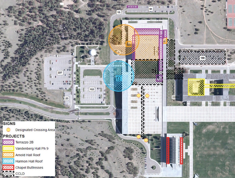 Construction projects going on at the Air Force Academy through 2014 will affect traffic flow as well as access to parking areas and parts of the Terrazzo. (U.S. Air Force image)