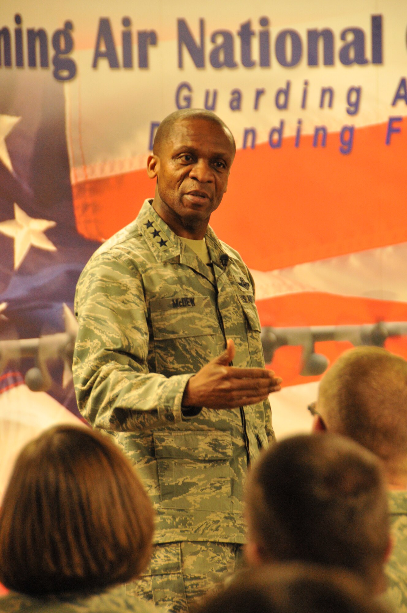 Lt. Gen. Darren W. McDew, 18th Air Force commander, addresses Airmen of the 153rd Airlift Wing at an all call Dec. 18, 2012. The general visited the Wyoming Air National Guard to meet with Airmen and discuss Total Force Integration. (U.S. Air Force photo by Capt. Rusty Ridley)