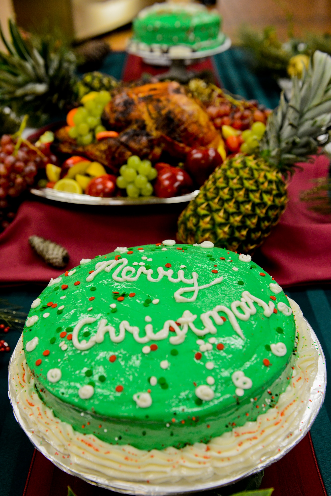 A cake sits on display during Christmas lunch service at the Georgia Pines Dining Facility on Moody Air Force Base, Ga., Dec. 25, 2012. (U.S. Air Force photo by Staff Sgt. Joshua J. Garcia/Released) 