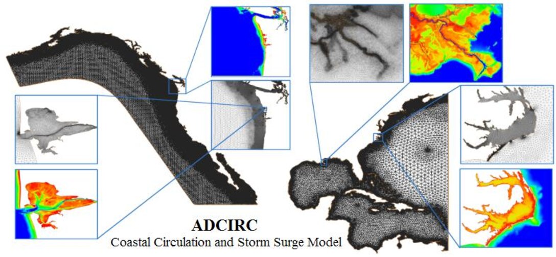 Example ADCIRC meshes showing resolution details and bathymetry.