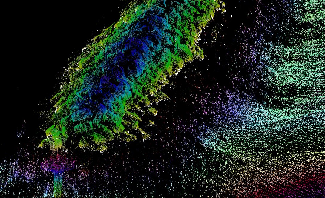 Scene showing the end of a rock jetty with both bathymetric and terrestrial data displayed.