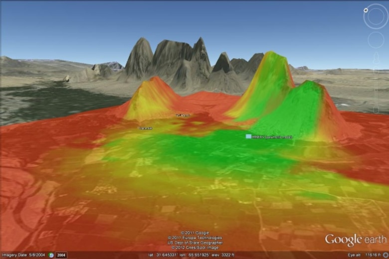 Output from EASEE displayed on Google Earth. Shown are areas of detection (green) and non-detection (red).