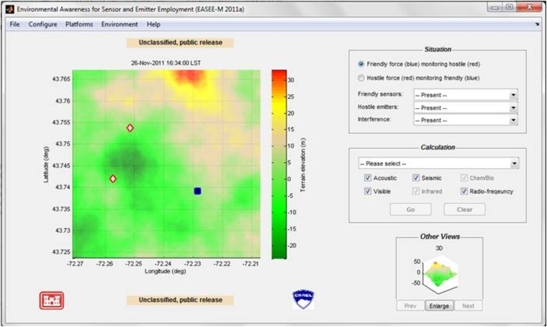 EASEE interface for Windows. Users can rapidly place sensors on the terrain and select calculation type.