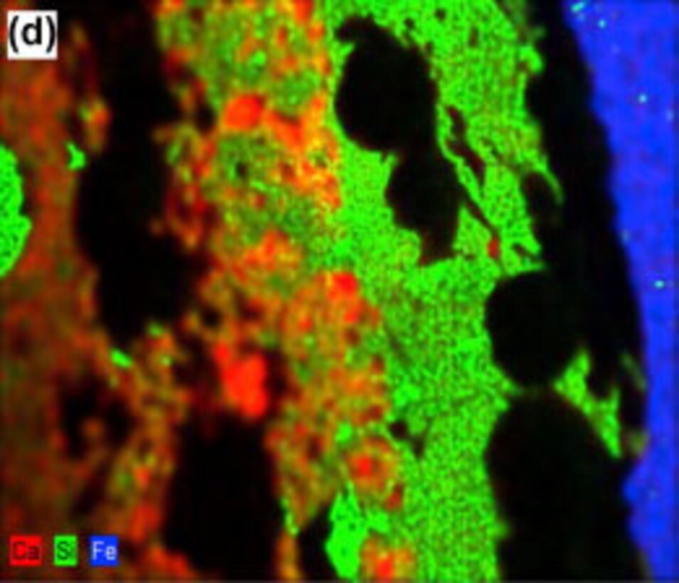 An elemental mapping of Ca/Si/Fe as reported by ERDC researchers investigating reactive porcelain enamel coating on steel.