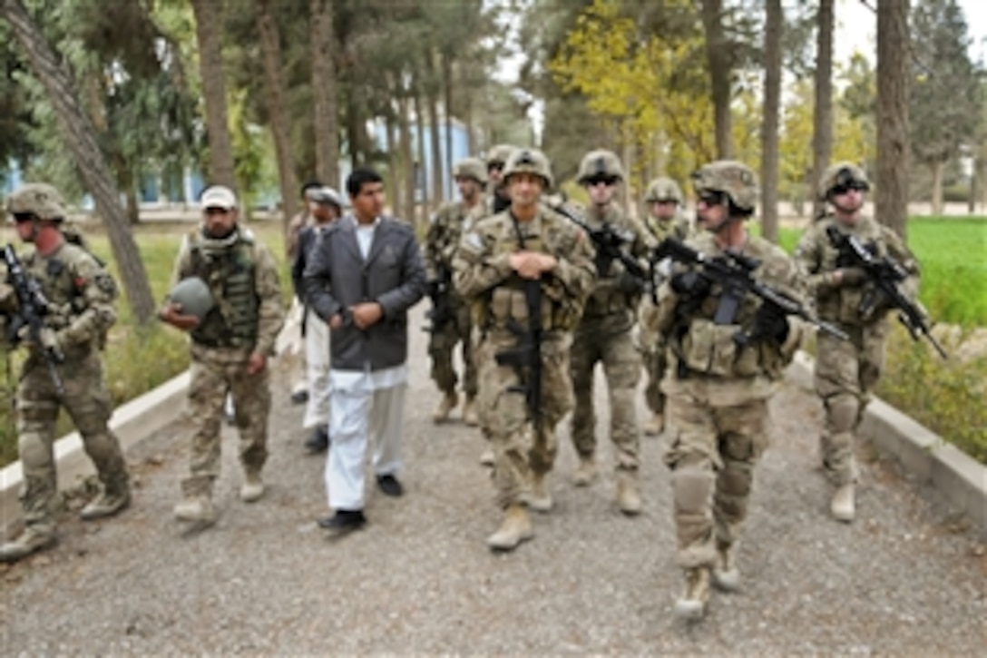 Abdul Manan Matin, center left, the Farah provincial director of agriculture, irrigation and livestock, shows leaders from Provincial Reconstruction Team Farah his facilities during a meeting to coordinate efforts on a greenhouse initiative in Farah City, Afghanistan, Dec. 26, 2012. The team's mission is to train, advise and assist Afghan government leaders at the municipal, district and provincial levels in Farah province.