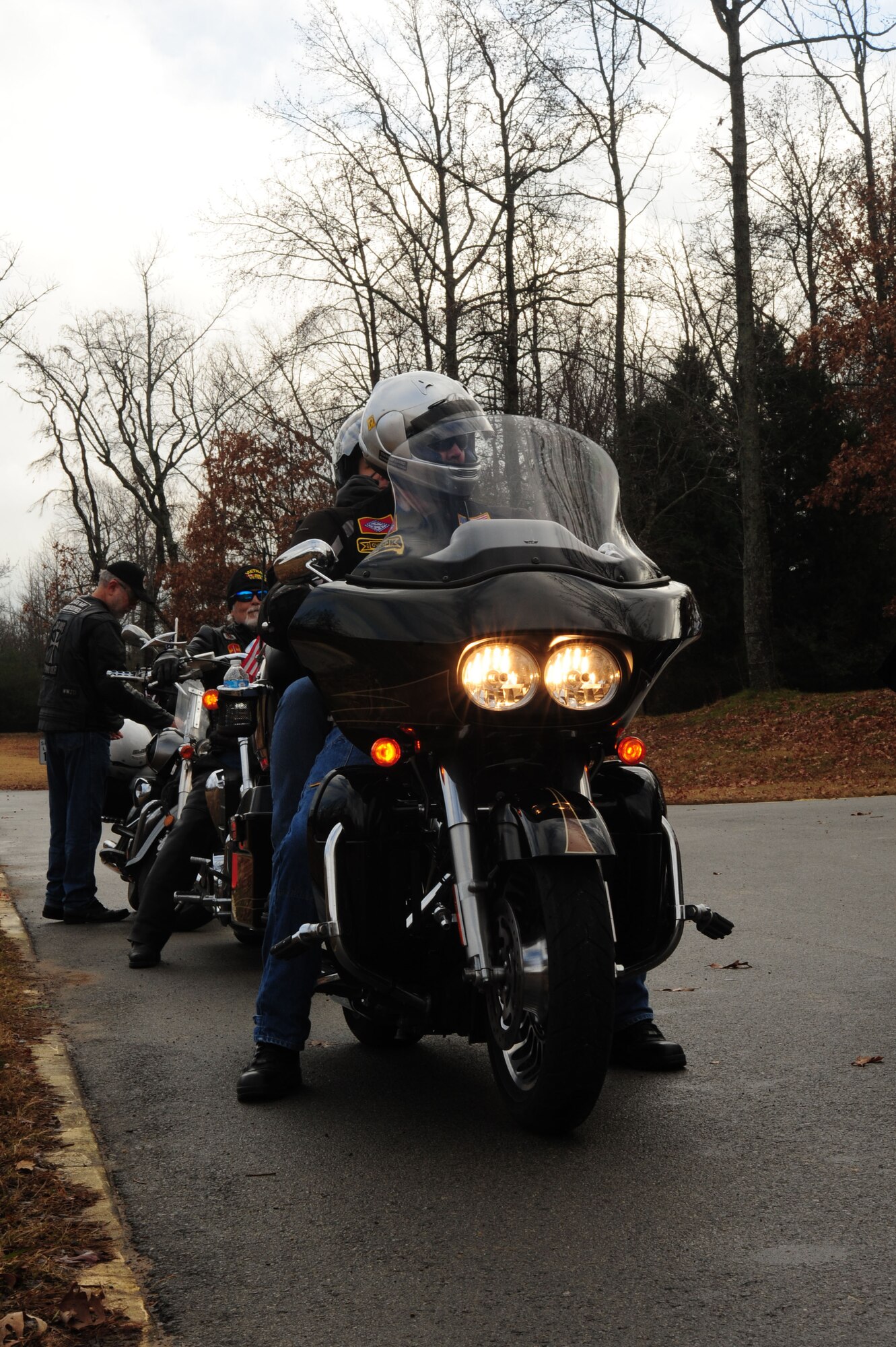 The Patriot Guard Riders prepare to depart from the Arkansas State Veterans Cemetery, Dec. 15, 2012, in North Little Rock, Ark. The Patriot Guard Riders participated in the Wreaths Across America ceremony honoring the sacrifices made by fallen service members. (U.S. Air Force photo by Airman 1st Class Kaylee Clark)